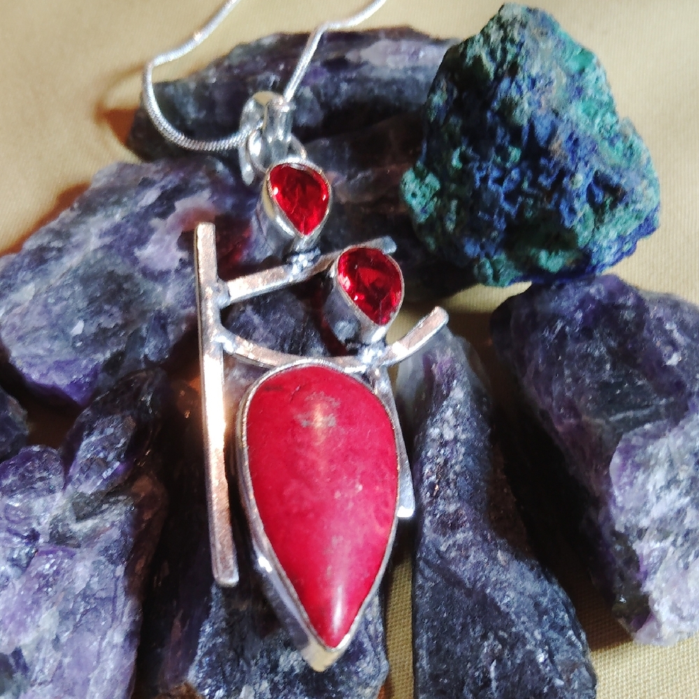 🔥 Unique BEAUTIFUL, RED CORAL & GARNET, 18" STERLING SILVER NECKLACE.